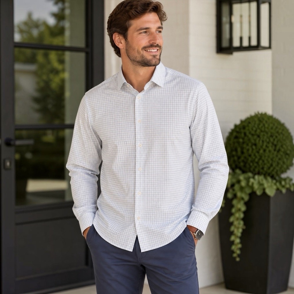 Mizzen+Main Leeward Men's XL White Blue Check Trim No Tuck Shirt